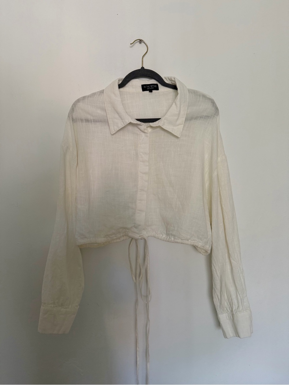 Cream Cropped Button-Front Shirt with Drawstring - Size 18